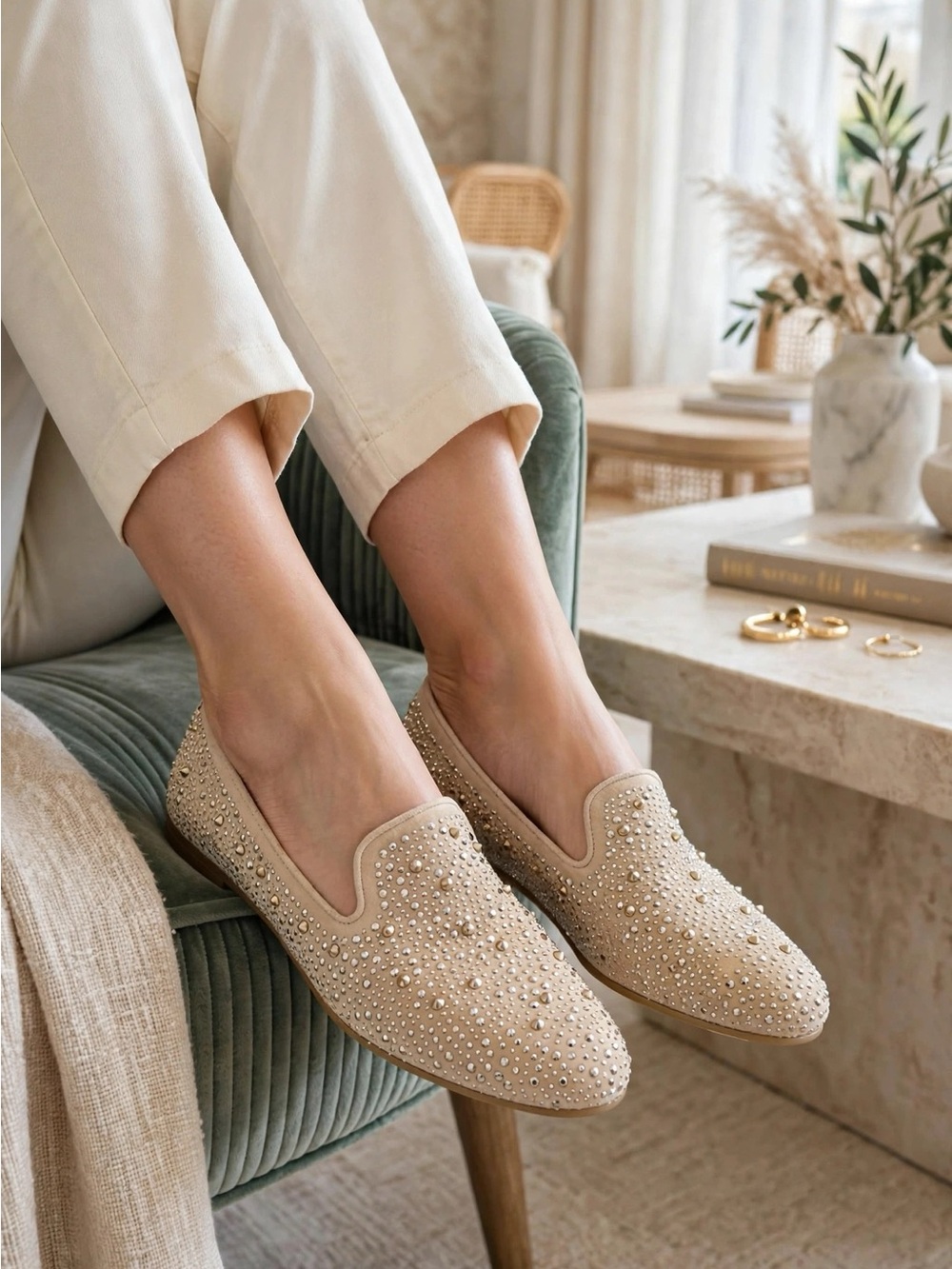 Stuart Weitzman Beige Crystal-Studded Slip-On Loafers